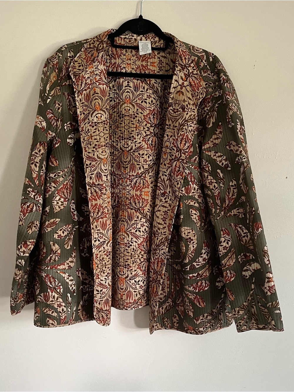 Olive Floral Quilted Open-Front Jacket